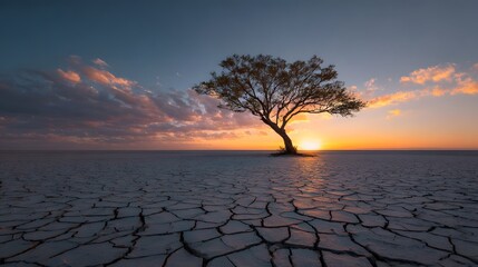 Solitary tree in cracked earth against a beautiful sunset sky, symbolizing resilience