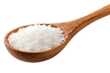 Wooden spoon filled with coarse sea salt isolated on transparent background