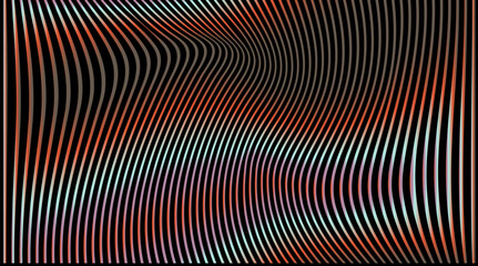Obraz premium Vector illustration in op-art style with wavy, flowing lines. The theme is illusion and rhythm, featuring gradients of red, orange and blue on black, forming abstract, dynamic wave-like shapes.