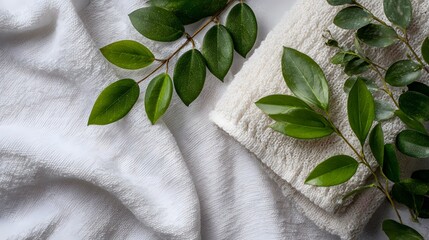 Fresh green leaves adorn soft white towels, offering a spa-like and relaxing aesthetic.