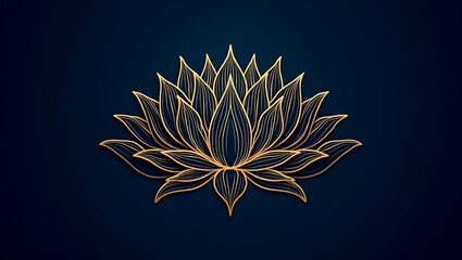 Luxury Gold Lotus Line Art on Dark Blue Background – Elegant Floral Design for Wedding Invitations and Greeting Cards