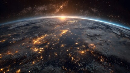 Dramatic view of planet Earth from space at night with city lights and rising sun.