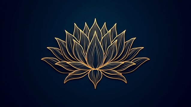 Luxury Gold Lotus Line Art on Dark Blue Background – Elegant Floral Design for Wedding Invitations and Greeting Cards - Powered by Adobe