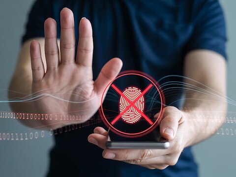 Person holding smartphone displaying rejected fingerprint scan with binary code denied access