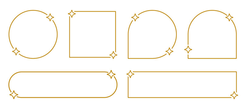 Frame with stars set border, gold elongated frame with sparkle stars, arches border icon, festive effect decoration sign, trendy geometric template