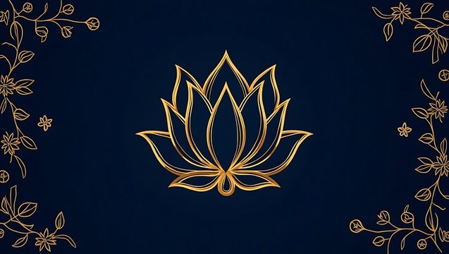 Luxury Gold Lotus Line Art on Dark Blue Background – Elegant Floral Design for Wedding Invitations and Greeting Cards