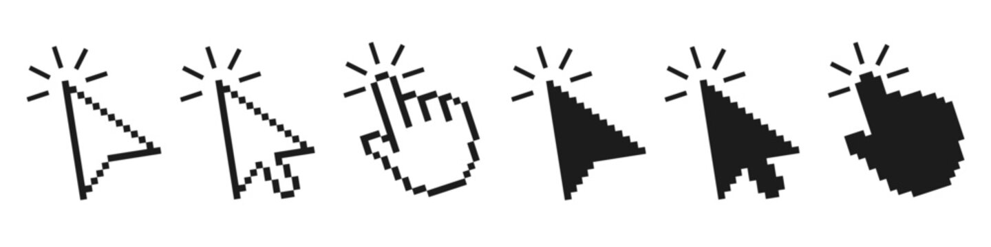 Pixel cursor pointer icons set. Computer mouse click arrow and hand. Pixel hand arrow logo vector isolated - for stock