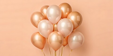 Elegant bunch of rose gold and pearl balloons against a soft peach background