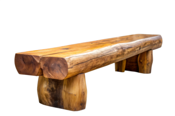 Rustic wooden log bench with natural wood grain texture isolated on transparent background