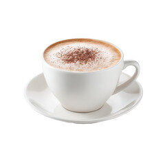 Fototapeta premium Frothy milk-topped coffee with cocoa dust in stylish white cup and saucer, offering a touch of cozy elegance, on transparent background