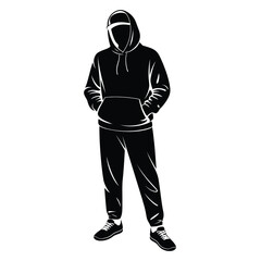 Silhouette of a person wearing a hooded sweatshirt and sweatpants with hands in pockets