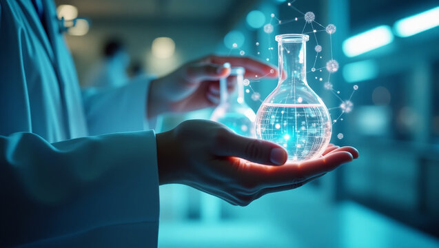 Scientist holding a glowing laboratory flask with digital network connections