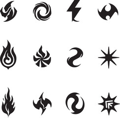 Obraz premium Collection of twelve stylized black abstract elemental symbols arranged in a three by four grid on a white background