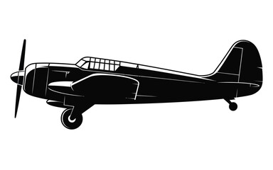 Vintage single engine propeller airplane silhouette in black and white