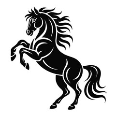 Stylized black silhouette of a rearing horse with flowing mane and tail