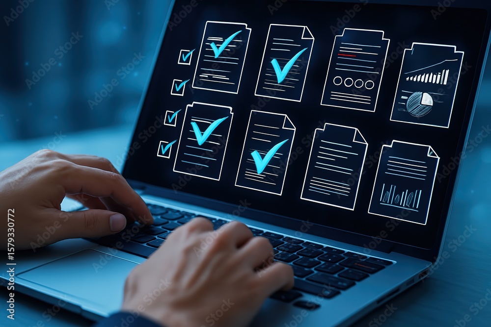 Fototapete hands typing on laptop displaying a digital checklist with completed tasks and data analysis charts