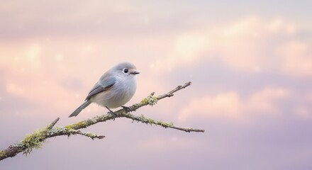 A small bird perched on a lichen covered branch against a soft pastel colored sky background scene