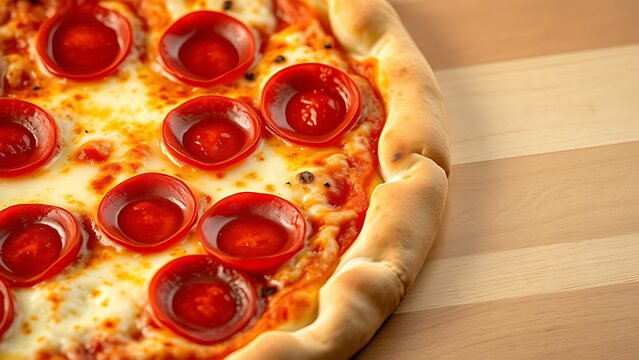 Close-up of a pepperoni pizza with melted cheese, showcasing appetizing details.