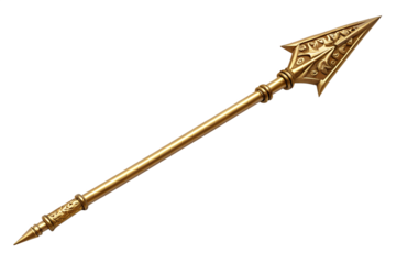 Ornate golden spearhead with intricate carvings isolated on transparent background