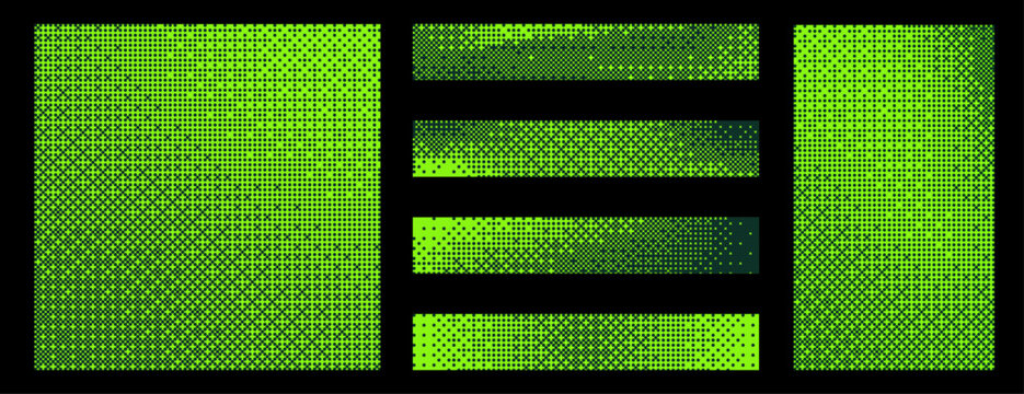 Green pixelated bitmap texture background set. Retro pixel art, glitch dither pattern, 8 bit background. Leisure or arcade games duotone border frame. Vector illustration