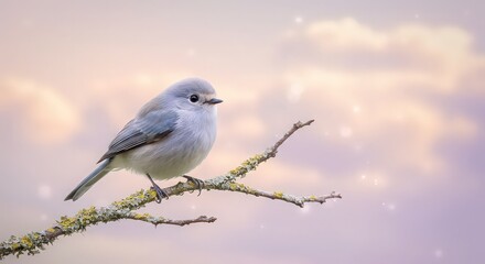 Fototapeta premium A small blue gray gnatcatcher perched on a lichen covered branch against a soft cloudy background