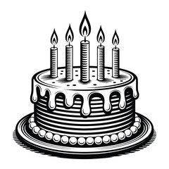 Black and white illustration of a birthday cake with five lit candles and dripping frosting