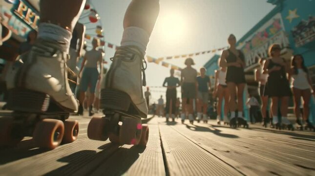 Low-angle view of legs roller skating on boardwalk towards crowd of people at sunset