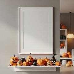 blank board with halloween pumpkins decor