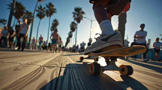 Low angle view of a skateboarder riding along Venice Beach boardwalk at sunset, with crowds of people walking in the background