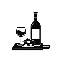 Black and white illustration of wine bottle wine glass and cheese on a cutting board