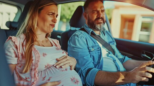 Husband navigating car, supporting pregnant wife during intense labor contractions