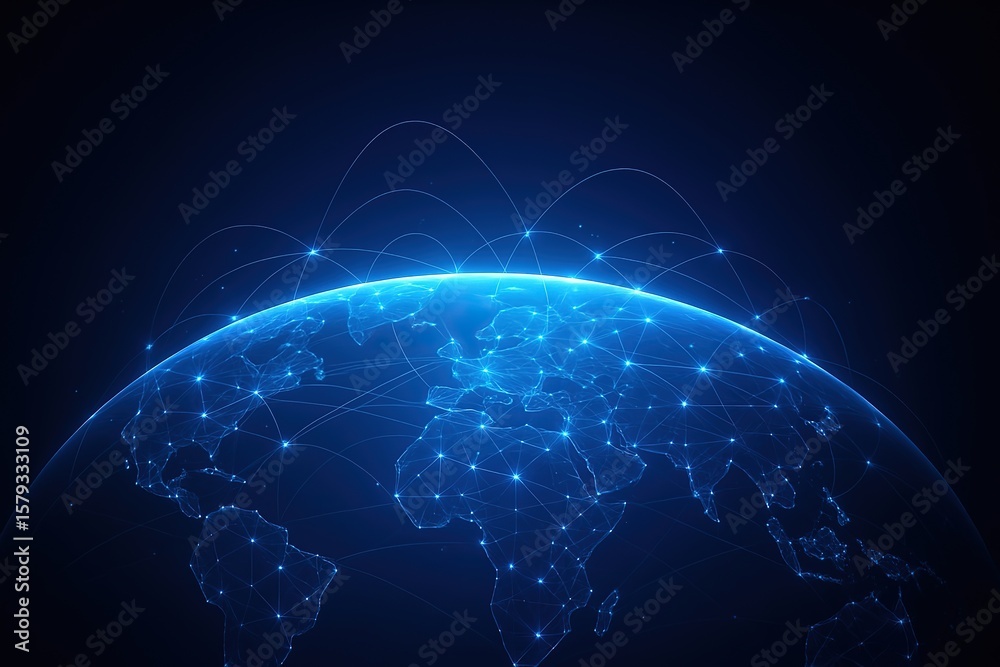 Wall mural global digital network connecting continents with blue light lines and nodes on a dark background