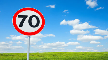 Speed limit sign displaying seventy against a vibrant blue sky. Green grass creates a serene, natural backdrop.