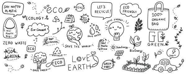 Hand drawn ecology and environment element line doodle set. Illustration vector design.