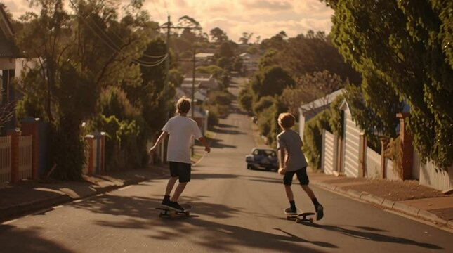Teenage friends longboarding downhill, enjoying sunny suburban street, gliding with carefree energy and youthful friendship