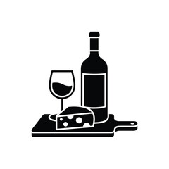 Simple black and white illustration of wine bottle cheese and glass on cutting board