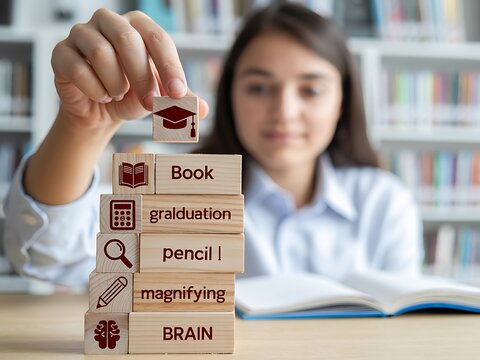 Person stacking educational blocks with graduation cap book pencil magnifying glass calculator and brain icons - Powered by Adobe
