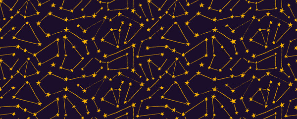 Night sky seamless pattern with yellow constellations and stars. Crayon drawn funky doodle starry background. Playful simple childish constellations seamless background. Universe starry wallpaper.