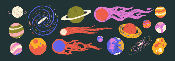 Crayon drawn planets and comets collection. Colorful childish funky cosmic icons with pencil texture. Doodle outer space cosmic icons set. Funky kid's illustration. © Anastasiia Hevko