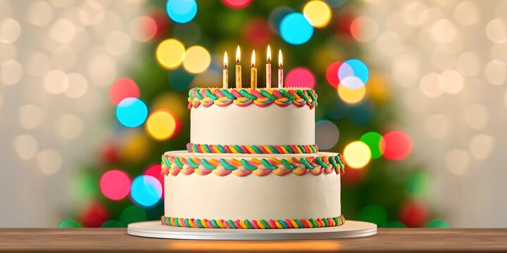 Two tier birthday cake with lit candles and festive bokeh background