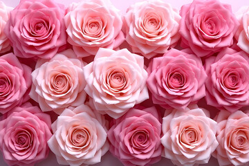 Naklejka premium Close-up view of multiple pink and light pink roses arranged in a full frame floral pattern with soft petals and delicate textures