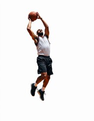 Basketball player jumping for a dunk, full body isolated on white background. High quality photorealistic photograph taken by a professional photographer.
