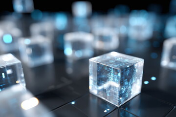 glowing digital blocks connected by lines in a 3D space, floating in a dark tech environment, each block displaying data or encrypted symbols, futuristic lighting and blue tones.
