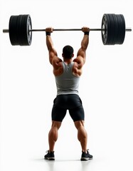 Professional male weightlifter lifting a heavy barbell overhead, seen from the back. Isolated on white background.
