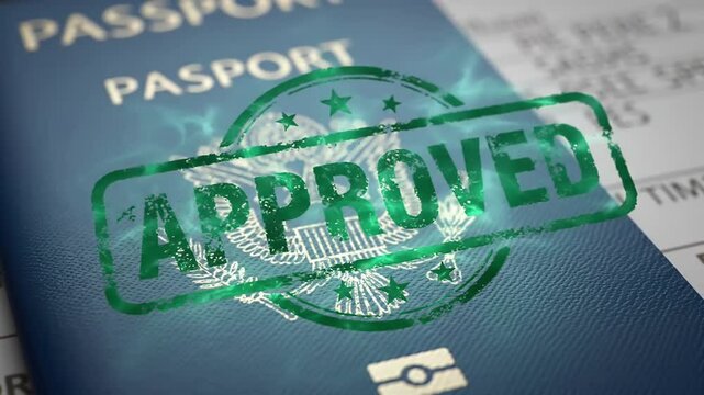 Close-up of a passport with an "APPROVED" stamp, signifying travel document validation.