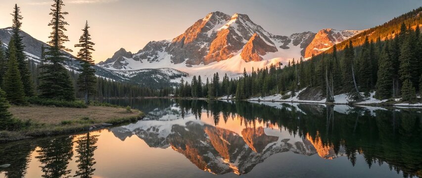 Ultra-wide photorealistic landscape of a mountain river turning left beneath snowy peaks. The mountains are closer and sharply detailed, reflected in the glassy surface of the river. Pine trees covere