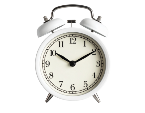 Minimalist White Plastic 3D Alarm Clock Icon – Slight Top-Down View, Transparent Background