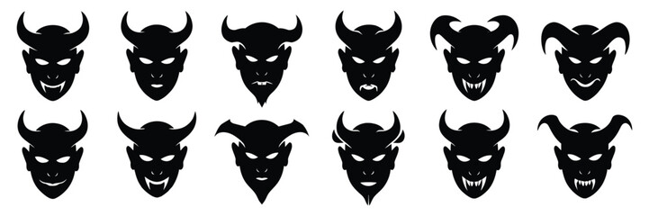 Naklejka premium Demon and Devil Silhouettes Set – Large Vector Pack of Fiery, Dark, and Hellish Figures, Isolated on White Background