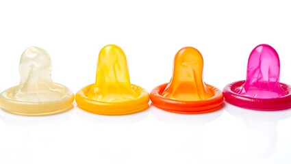 Four Colorful Condoms on White Background yellow condom