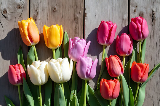 Colorful tulip flowers in various shades arranged against a textured wooden background with green leaves